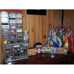 2 Plastic Sorters Full Of Contents, Coin Banks, Disk Flags, Miller High Life Beer Cans