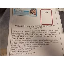 VACATION PACKAGE OF YOUR CHOICE OF 20 DESTINATIONS - Ticket to travel Package - INCLUDES COMPANION A