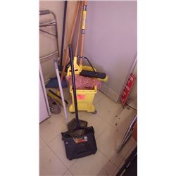 1 MOP BUCKET, 1 MOP, 1 PUSH BROOM, 2 BROOMS, DUST PAN, WATERING CAN, AND MISC BLUE BUCKET