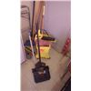 Image 1 : 1 MOP BUCKET, 1 MOP, 1 PUSH BROOM, 2 BROOMS, DUST PAN, WATERING CAN, AND MISC BLUE BUCKET