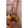 Image 3 : 1 MOP BUCKET, 1 MOP, 1 PUSH BROOM, 2 BROOMS, DUST PAN, WATERING CAN, AND MISC BLUE BUCKET