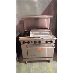 AMERICAN GAS RANGE 6 BURNER AND GAS OVEN WITH STAINLESS STEEL UPPER SHELF ON WHEELS