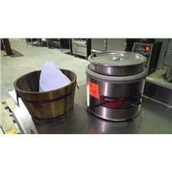 LARGER NEMCO ELECTRIC SOUP POT WITH INSERT AND WOOD BASKET