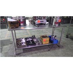 APPROX 7' STAINLESS STEEL TABLE ON WHEELS AND SHELF