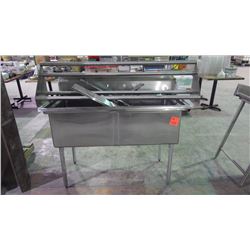 46" STAINLESS STEEL DUAL TUB SINK W/STEEL SHELVING AND 64" STAINLESS STEEL RACK FOR POTS AND PANS