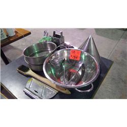 ASSORTED STAINLESS STEEL POTS AND COOKING/BAKING UTENSILS