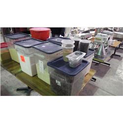 5 LARGE ASSORTED PLASTIC STORAGE TUBS