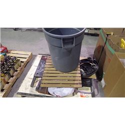 PALLET OF GRBAGE CONTAINERS/STEP LADDER/SMALL WOOD TABLE/SANDWICH BOARD ETC