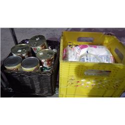 ROW OF MISC. CANNED GOODS/ICING SUGAR AND GAL BALSAMIC VINEGAR
