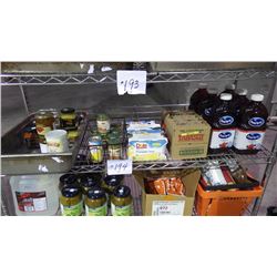 ROW OF VARIETY OF CANNED GOODS AND 6 JUGS IF CRANBERRY COCKTAIL