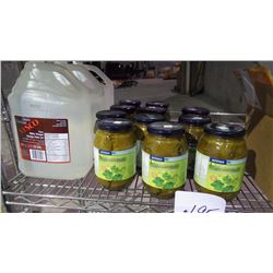 ROW OF 3 GAL VINEGR/GRAPE LEAVES/INSTANT ESPRESSO AND MISC. JUICES