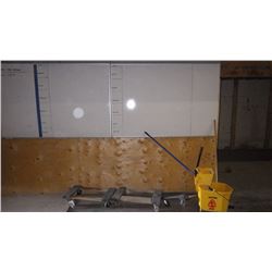 THREE WHITE BOARDS, THREE ROLLERS, MOP PAIL WITH MOP AND BROOM