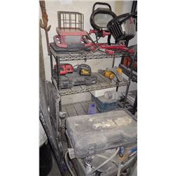 STAINLESS STEEL SHELVING UNIT, LARGE HALOGEN LIGHTS, POWER TOOLS PICTURED, WHEEL BARROW, CONCRETE TO