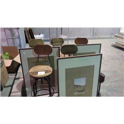 6 WOOD STYLE BAR STOOLS/FOR PARTS/SHELF AND 3 PRINTS OF EUROPE WINE REGION