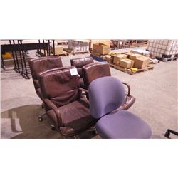 4 BROWN LEATHER OFFICE CHAIRS AND 1 GREY