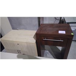 ONE DARK WOOD PHONE DESK WITH DRAWER AND ONE LIGHT WOOD COLOR 2 DRAWER CABINET