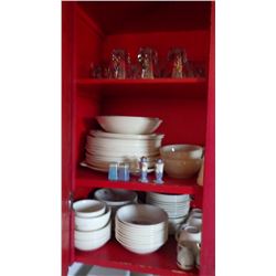 GLASSES, DISHES, UTENSILS, PYREX COOKWARE AND ANTIQUE SPICE CONTAINERS