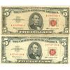 Image 1 : 1963 $5 VG/XF Red Seal Note Lot of 2
