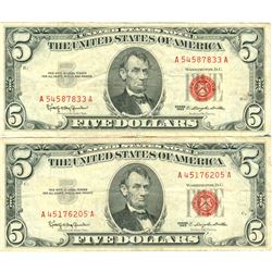 1963 $5 VG/XF Red Seal Note Lot of 2