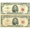 Image 1 : 1963 $5 VG/XF Red Seal Note Lot of 2