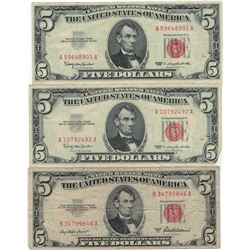 1963 $5 VG/XF Red Seal Note Lot of 3