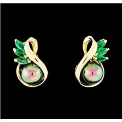 Pearl and Emerald Earrings - 14KT Yellow Gold