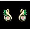 Image 1 : Pearl and Emerald Earrings - 14KT Yellow Gold