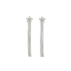 Line Chain Drop Flower Post Earrings - Rhodium Plated