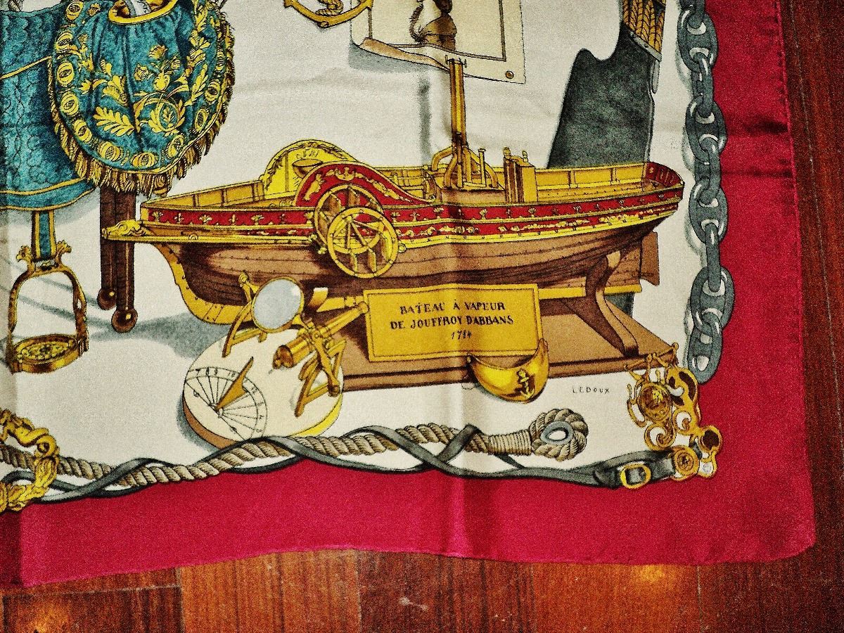 Foulard Hermès Vintage Bateaux à Vapeur Ledoux 1962 - Soie 100% - Motif Marin Bleu
