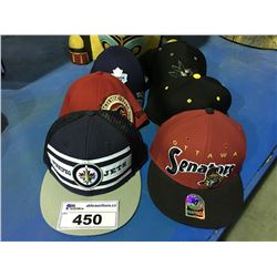 GROUP OF 6 ASSORTED NHL TEAM CAPS, JETS, FLAMES, LEAFS, SHARKS, BRUINS & SENATORS