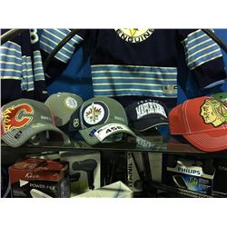 GROUP OF 6 ASSORTED NHL TEAM CAPS, FLAMES, BRUINS, JETS, LEAFS, BLACK HAWKS & STARS