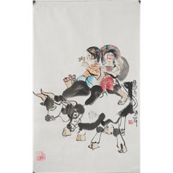 Chinese Girls & Cows Painting Style of Cheng Shifa