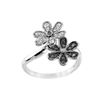 Image 1 : SILVER BLACK / WHITE DIAMOND FLOWER BYPASS RING - Size 7 (#8523D-BLK)