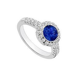 Sapphire And Diamond Halo Engagement Ring : 14K White Gold - 1.25 CT TGW