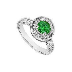 Emerald And Diamond Halo Engagement Ring : 14K White Gold - 1.25 CT TGW