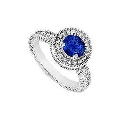 Sapphire And Diamond Halo Engagement Ring : 14K White Gold - 1.50 CT TGW