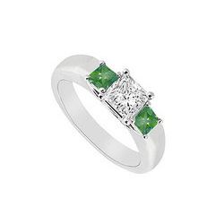 Three Stone Diamond And Emerald Ring : 14K White Gold - 0.33 CT TGW