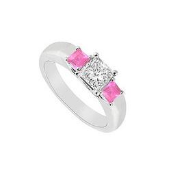 Three Stone Diamond And Pink Sapphire Ring : 14K White Gold - 0.33 CT TGW