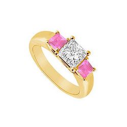 Three Stone Diamond And Pink Sapphire Ring : 14K Yellow Gold - 0.50 CT TGW