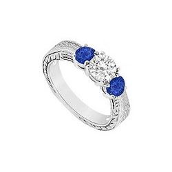 Three Stone Sapphire And Diamond Ring : 14K White Gold - 0.50 CT TGW