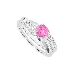 Pink Sapphire & Diamond Engagement Ring With Wedding Band Sets 14K White Gold  1.00 CT TGW