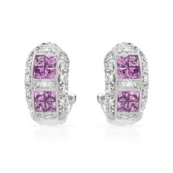 Invisible-Set Pink Sapphire Earrings W/ Diamonds In 18K White Gold | 289828