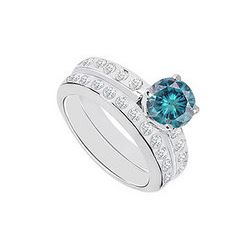 Blue & White Diamond Engagement Ring With Wedding Band Sets 14K White Gold  1.35 CT TDW