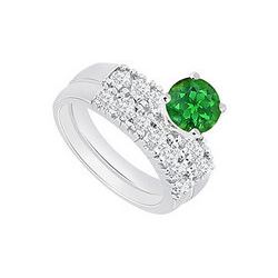 14K White Gold : Emerald And Diamond Engagement Ring With Wedding Band Set 1.50 CT TGW