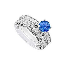14K White Gold : Sapphire And Diamond Engagement Ring With Wedding Band Set 1.50 CT TGW