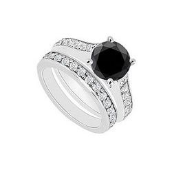 14K White Gold : Black And White Diamond Engagement Ring With Wedding Band Set 1.10 CT TDW