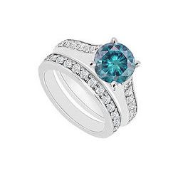 14K White Gold : Blue And White Diamond Engagement Ring With Wedding Band Set 1.10 CT TDW