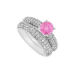 14K White Gold : Pink Sapphire And Diamond Engagement Ring With Wedding Band Set 1.80 CT TGW