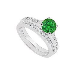 14K White Gold : Emerald And Diamond Engagement Ring With Wedding Band Set 0.75 CT TGW