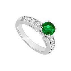 14K White Gold : Emerald And Diamond Engagement Ring 1.00 CT TGW